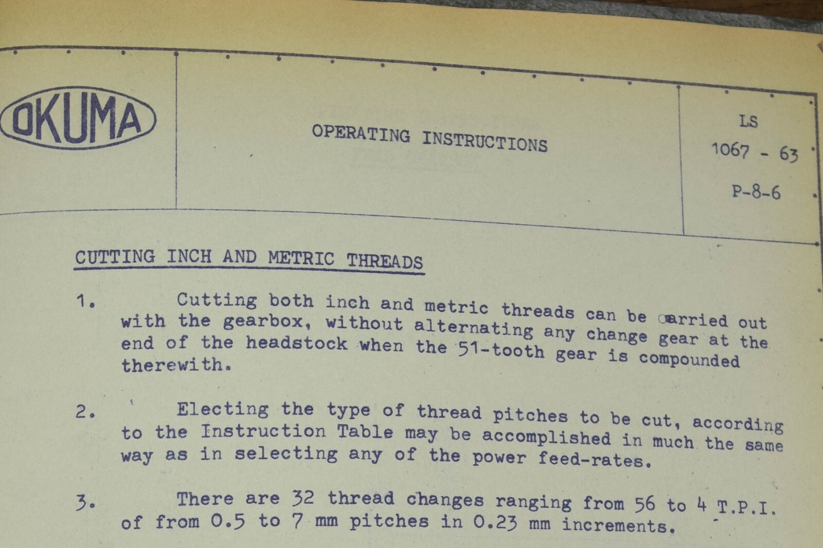Okuma LS, Lathe, Operators Instructions Manual Years (1962-1965) 79 PAGES