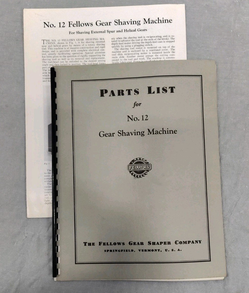 Fellows No. 12 Type Gear Shaving Machine Parts List + Flyer Machining Vintage