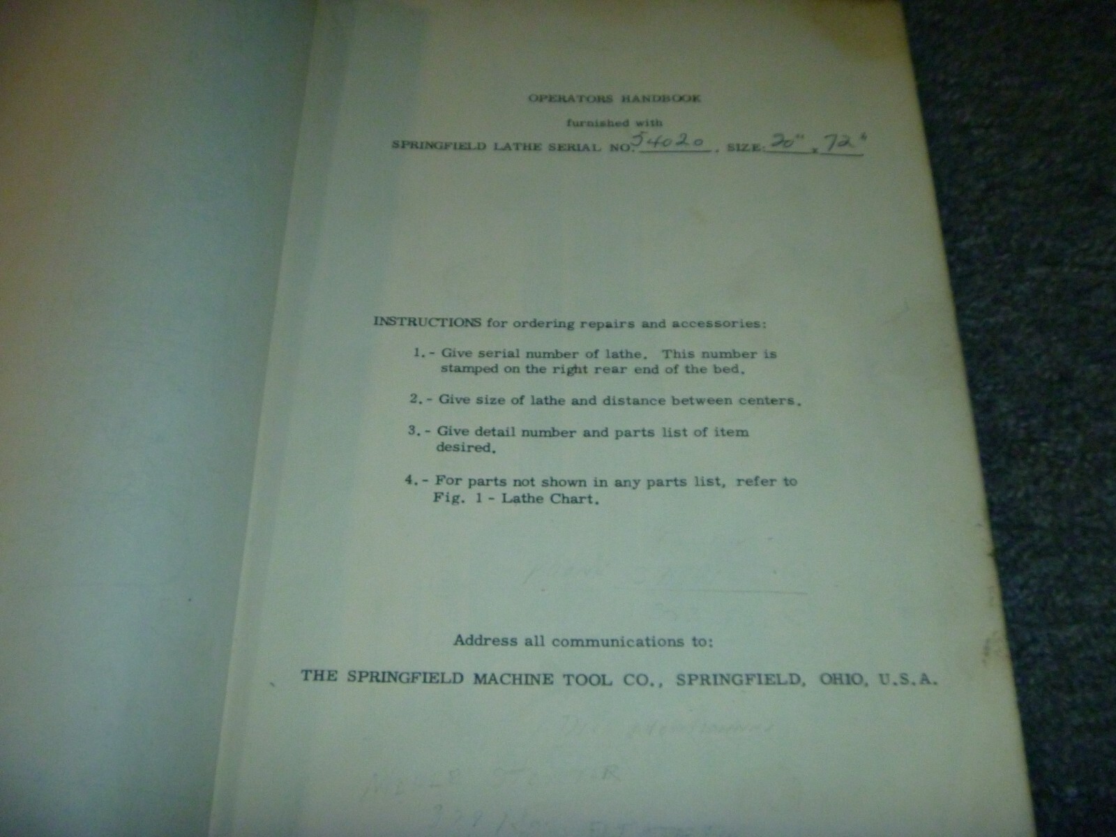 Springfield 20″ x 72″ Geared Head Lathe Owner Operator Manual S/N 54020 xz