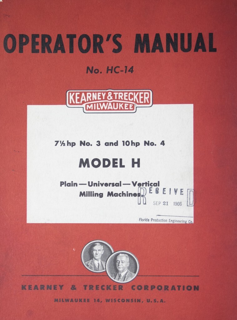 KEARNEY & TRECKER Milwaukee 3H 4H Milling Machines Operator’s Manual