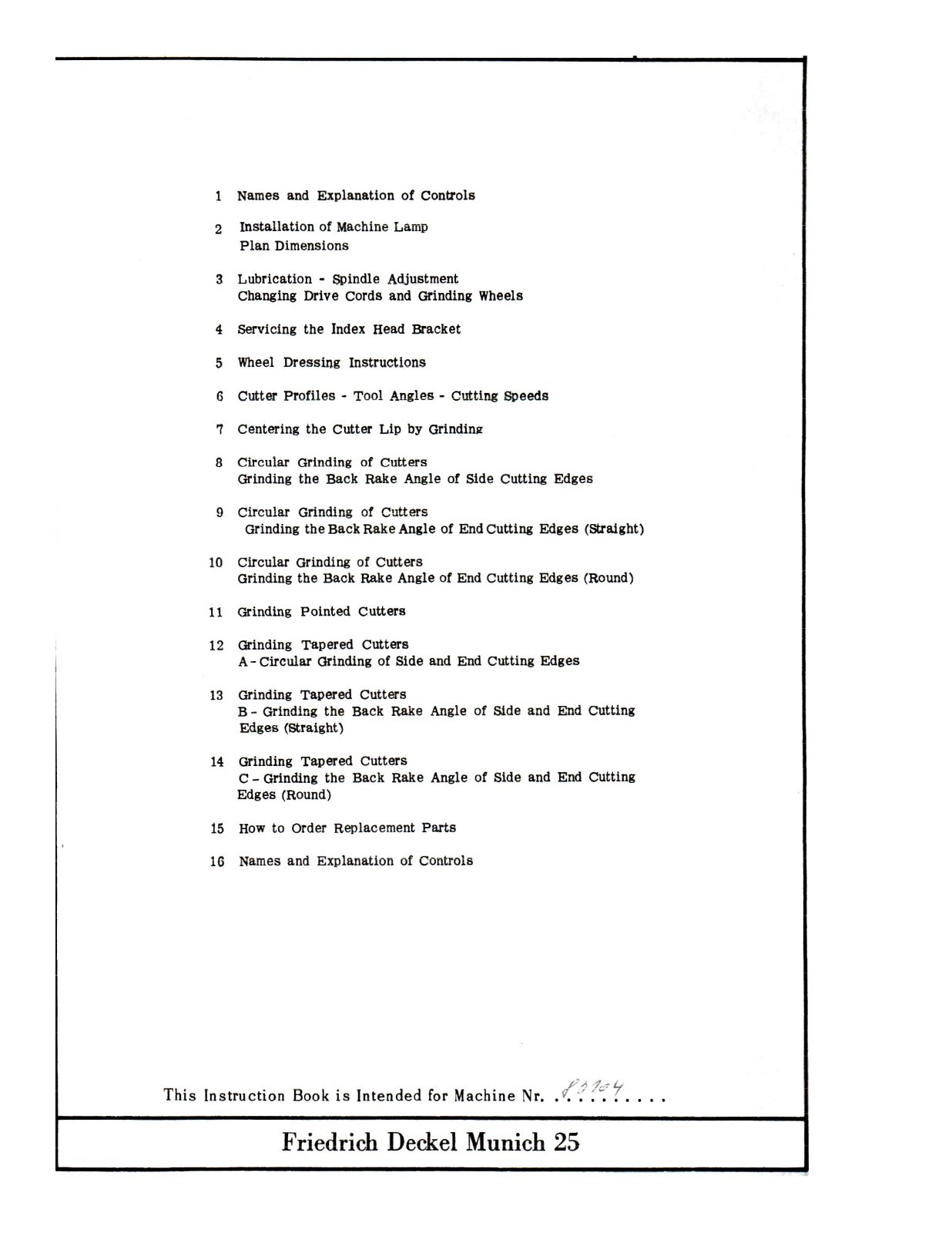 OPERATOR INSTRUCTION MANUAL FITS DECKEL SINGLE LIP CUTTER GRINDER