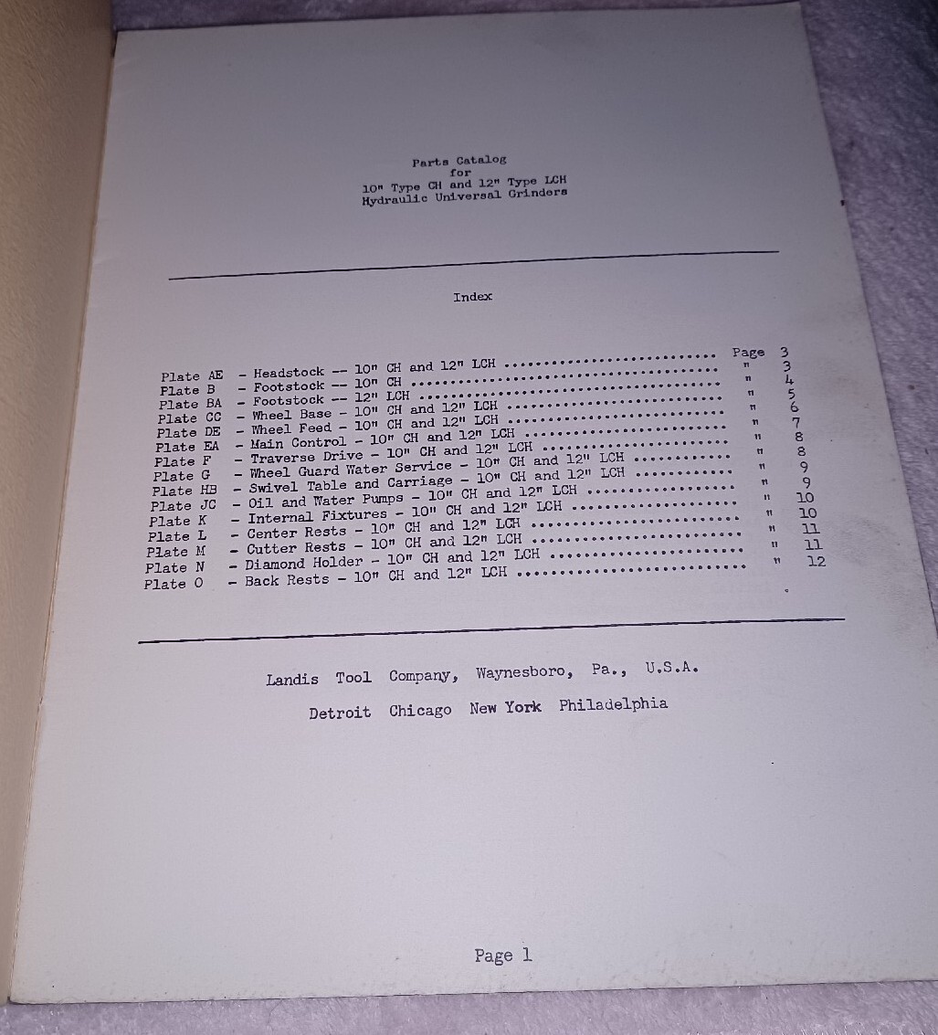 Landis Tool Co Parts Catalog 10″ CH 12″ LCH Hydraulic Universal Grinders No 1