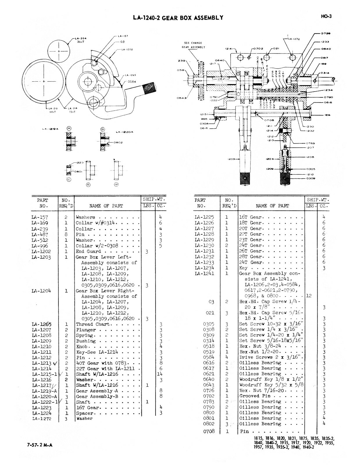 Logan Lathe Models 815 & 820 Parts List Manual #1572