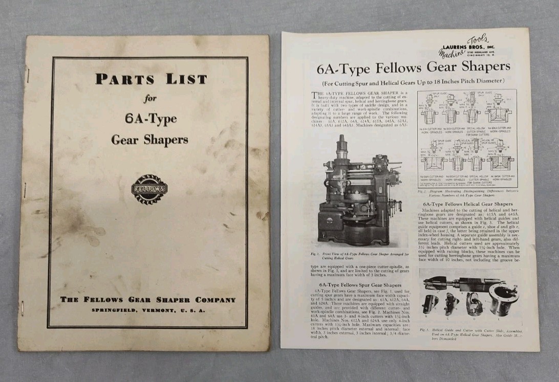 Fellows No. 6a Type Gear Shapers Parts List + Flyer Machining Vintage Booklet