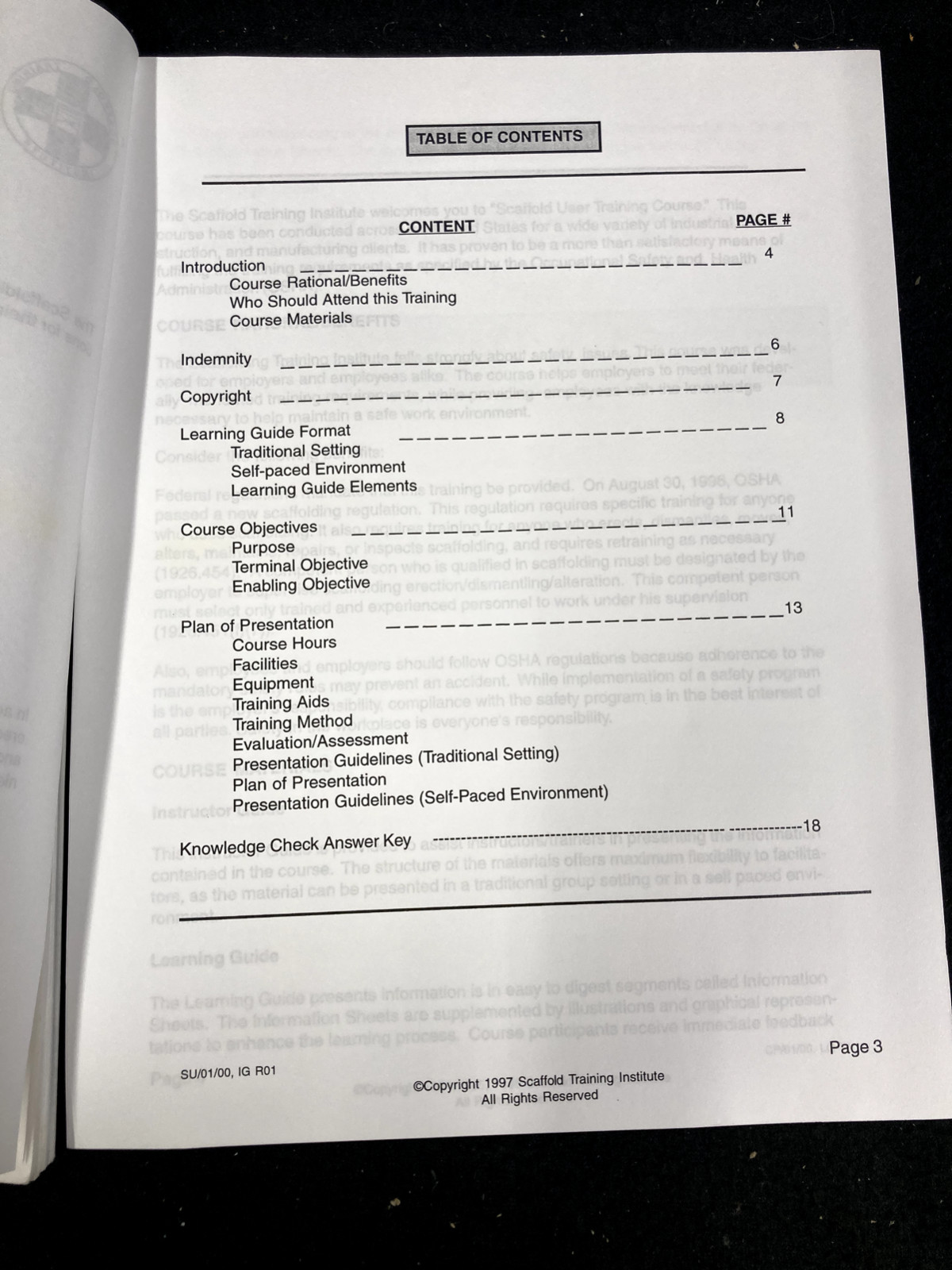 SCAFFOLD TRAINING INSTITUTE SCAFFOLD USER COURSE & INSTRUCTOR GUIDE, 2000