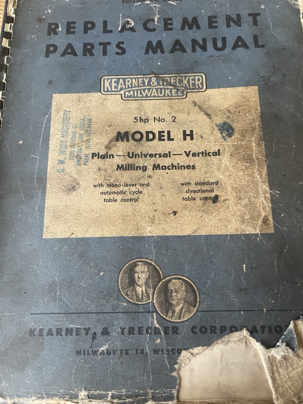 Kearney & Trecker Corporation Replacement Parts Manual Model H 5hp No.2