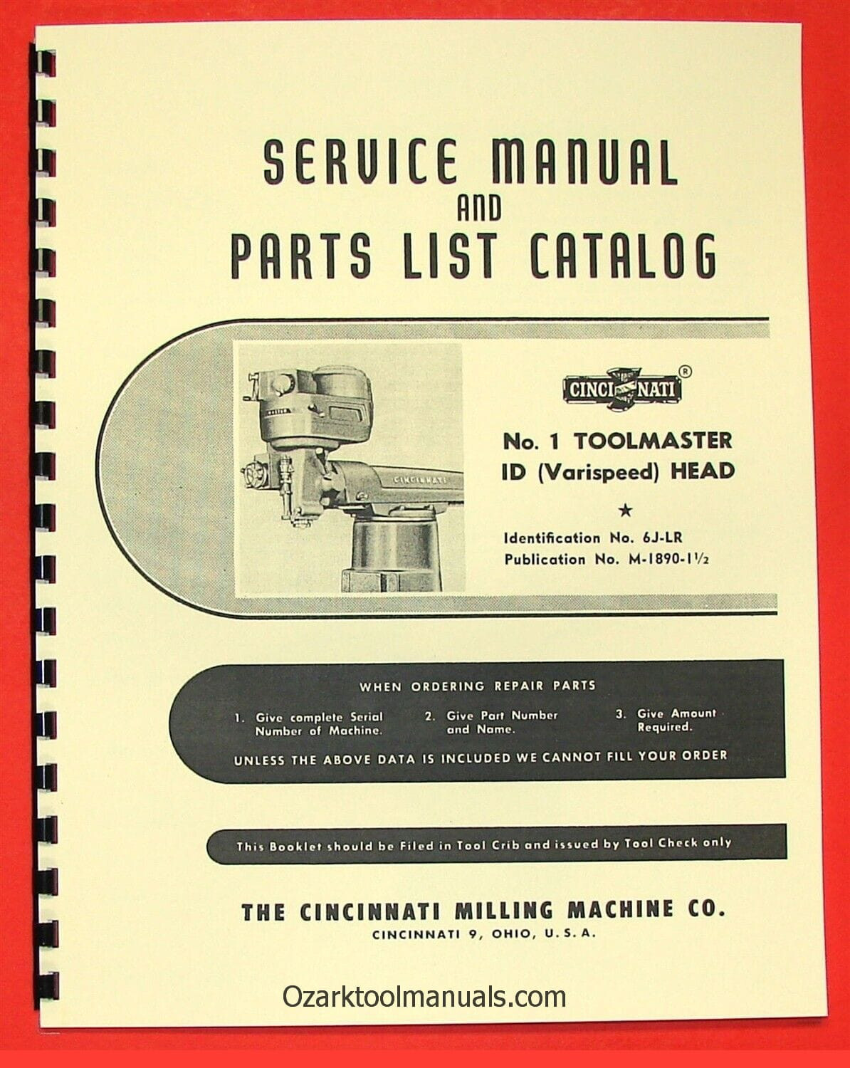 CINCINNATI No. 1 Toolmaster Milling Machine & ID Varispeed Head Part Manual 0124