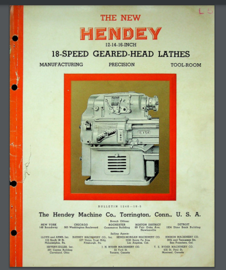 1941 Hendey 12-14-16″ 18 Speed Geared Head Lathe brochure Comb Bound Gloss Cover