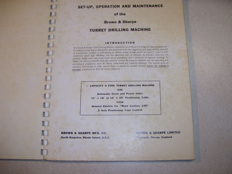 Brown & Sharpe Operation & Maintenance, Turret Drilling Machine