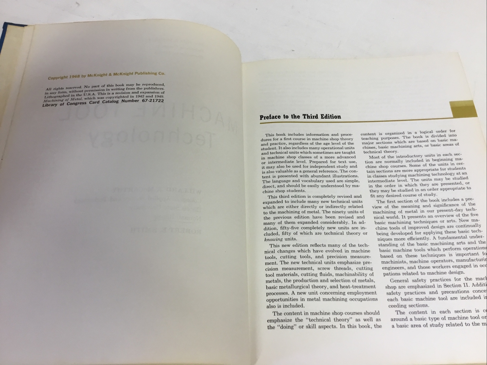 1968 MACHINE TOOL TECHNOLOGY 3rd Edition By McCarthy And Smith