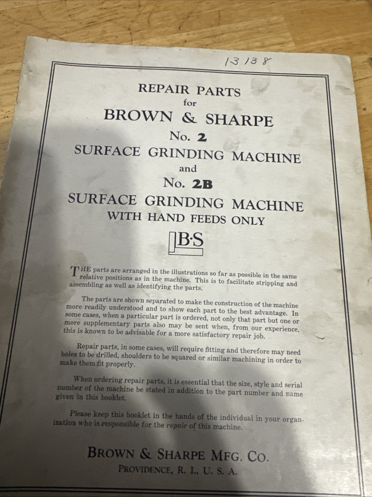 Brown&sharpe Repair Parts No.2 No.2B Surface, Grinding Machine