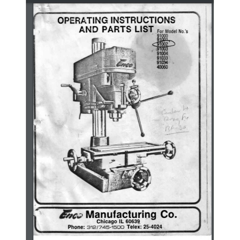 Enco 91000 thru 91033 drilling and Milling Machine, Operations and Parts Manual