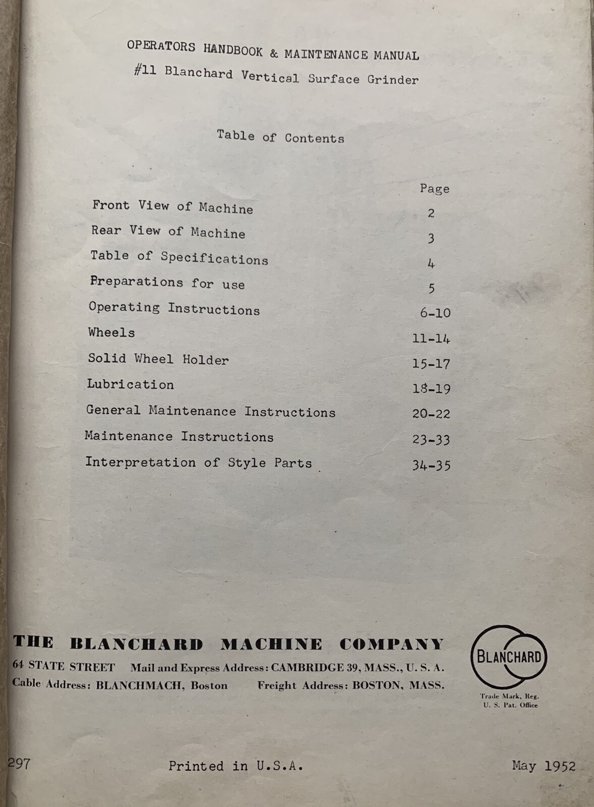 Blanchard #11 Operator & Maintenance Manual May 1952