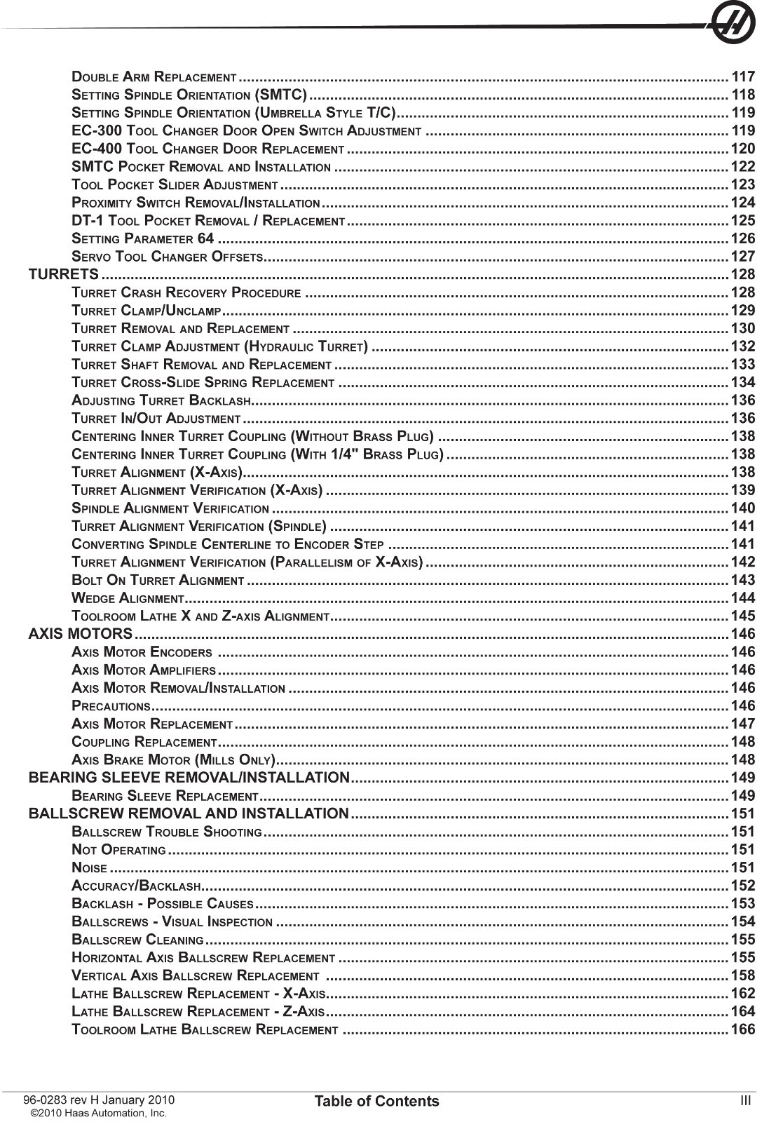 Haas CNC Mill & Lathe Service Manual Mechanical Jan 2010 #1743