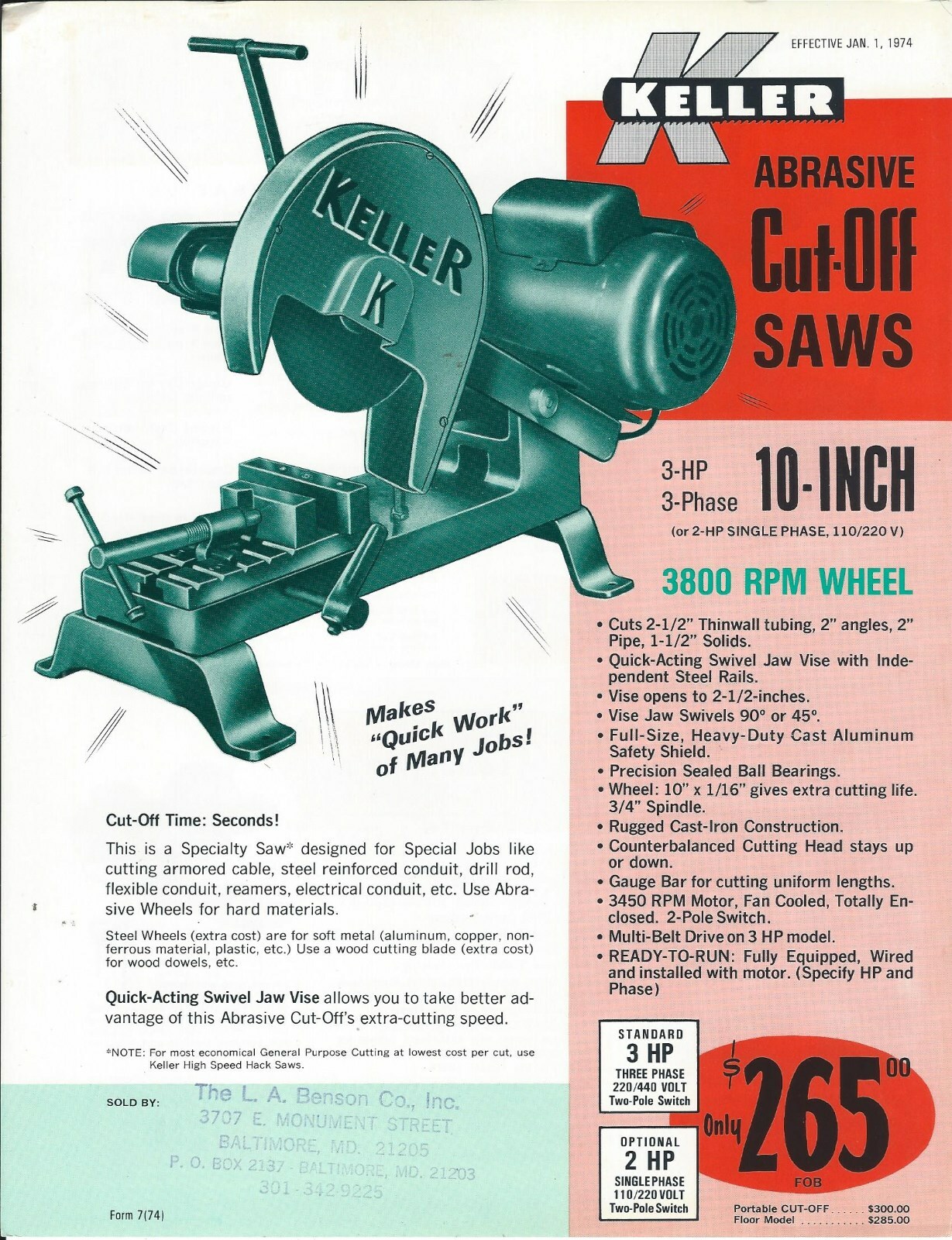 Tool Data Sheet – Keller – Abrasive Cut-Off Saws – 1974 – Brochure (TL193)