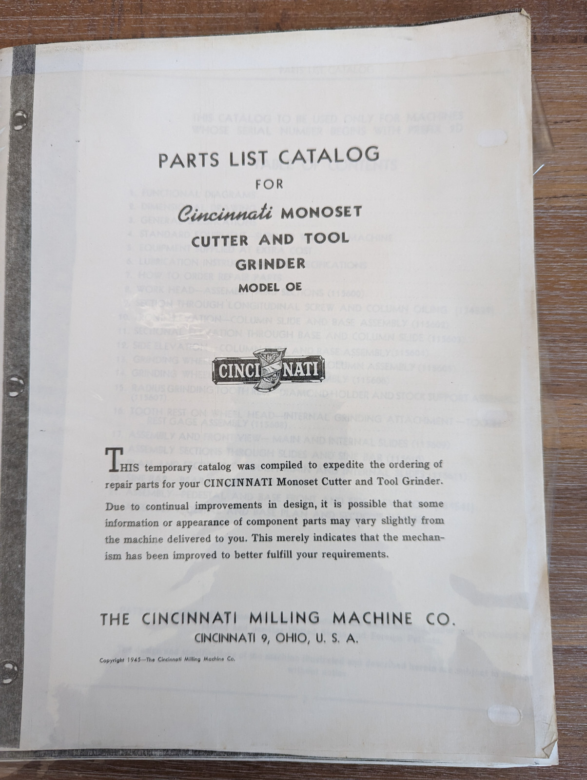 Cincinnati Monoset Model OE Cutter and Tool Grinder Manual and Pamphlet
