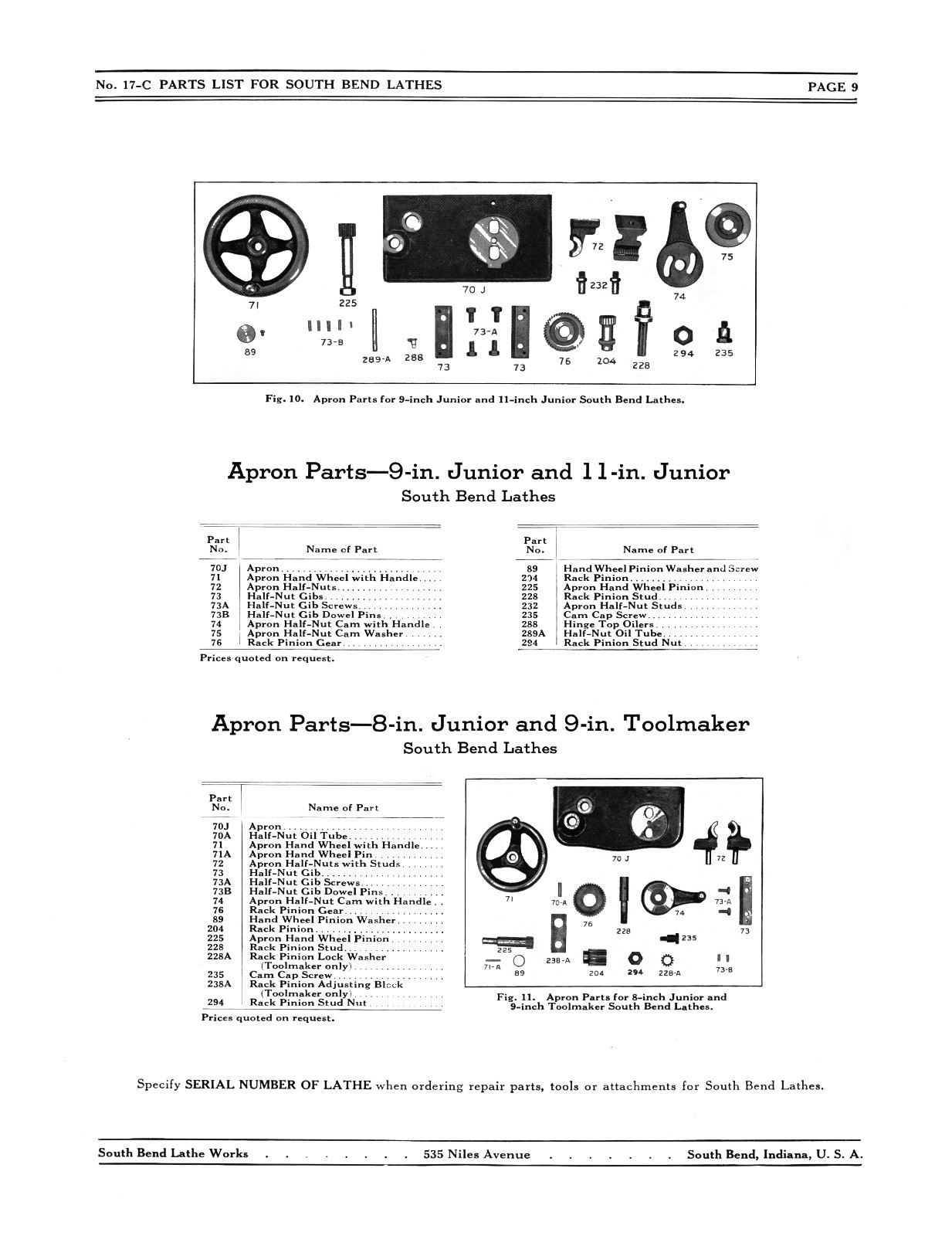 South Bend Series O, N, R, & T Lathe Parts List #1290