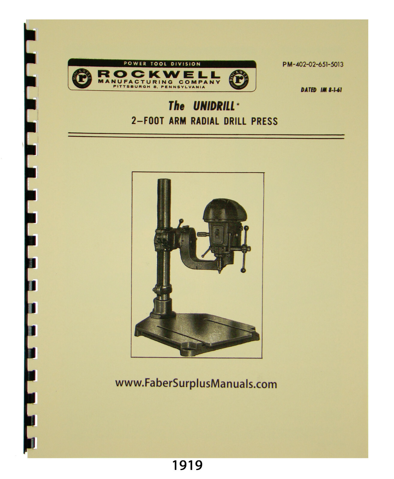 Rockwell Unidrill 2 Foot Arm Radial Drill Press Instruction & Parts Manual #1919