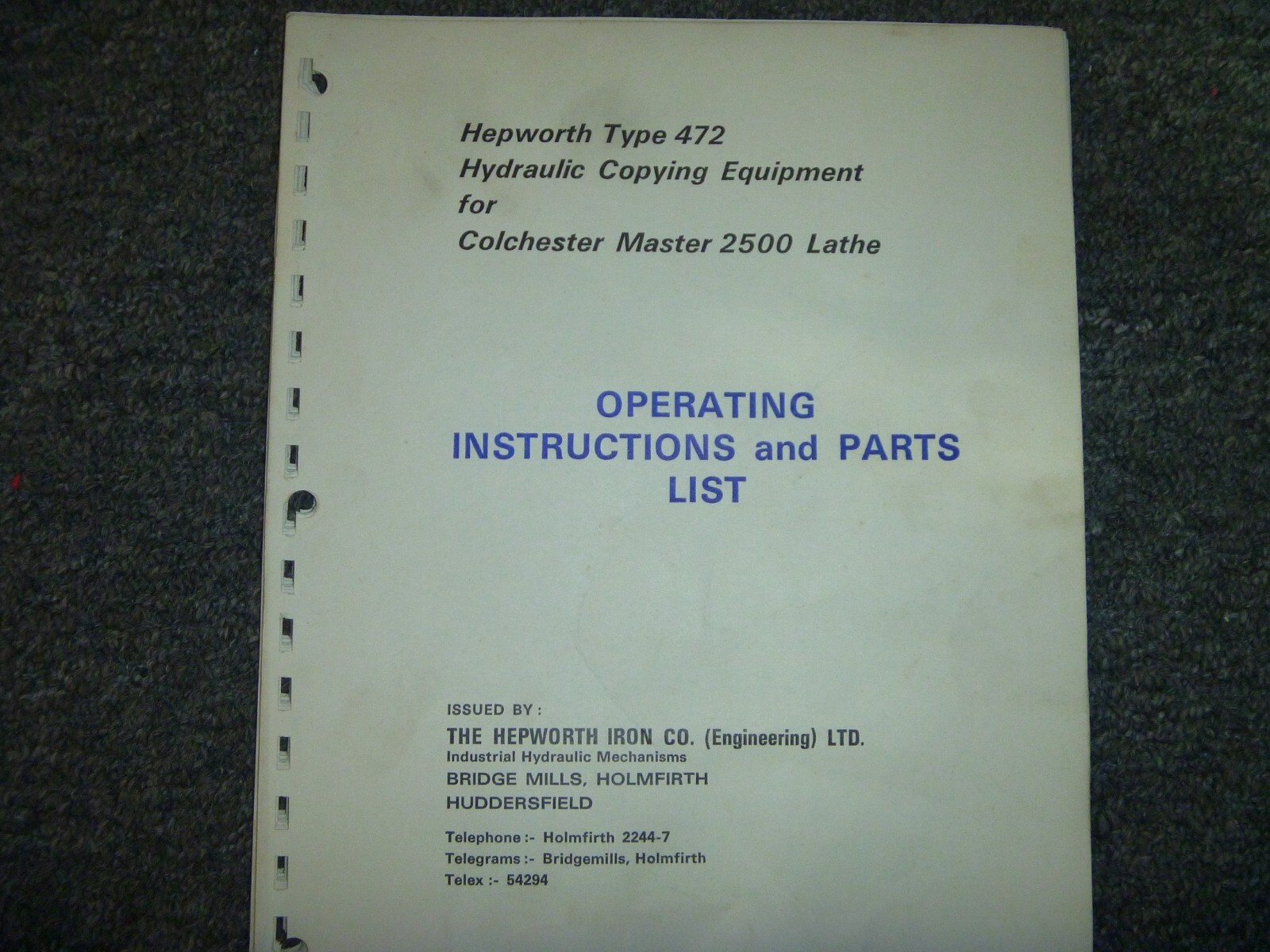 Hempworth 472 Hydraulic Copier for Colchester 2500 Lathe Parts & Operator Manual