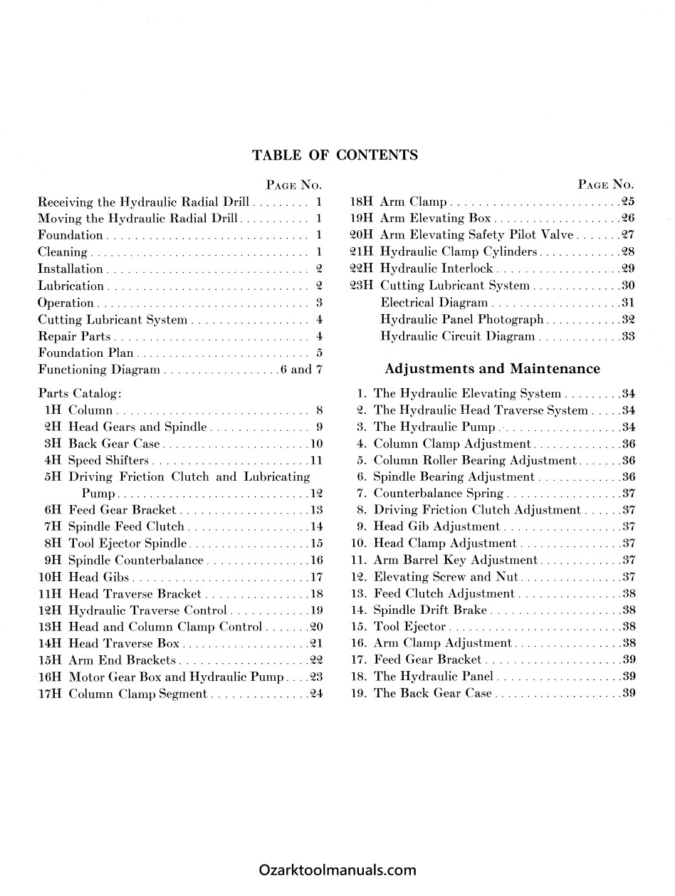 FOSDICK Hydraulic Radial Drill Operator Owner’s Service Parts Manual 1306