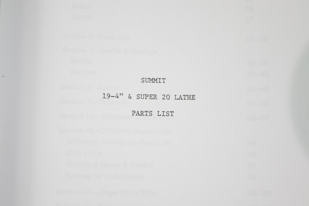 Summit 19-4 & SUPER 20 Lathe Instructions Parts & Electrical Manual 1981 Pg 134