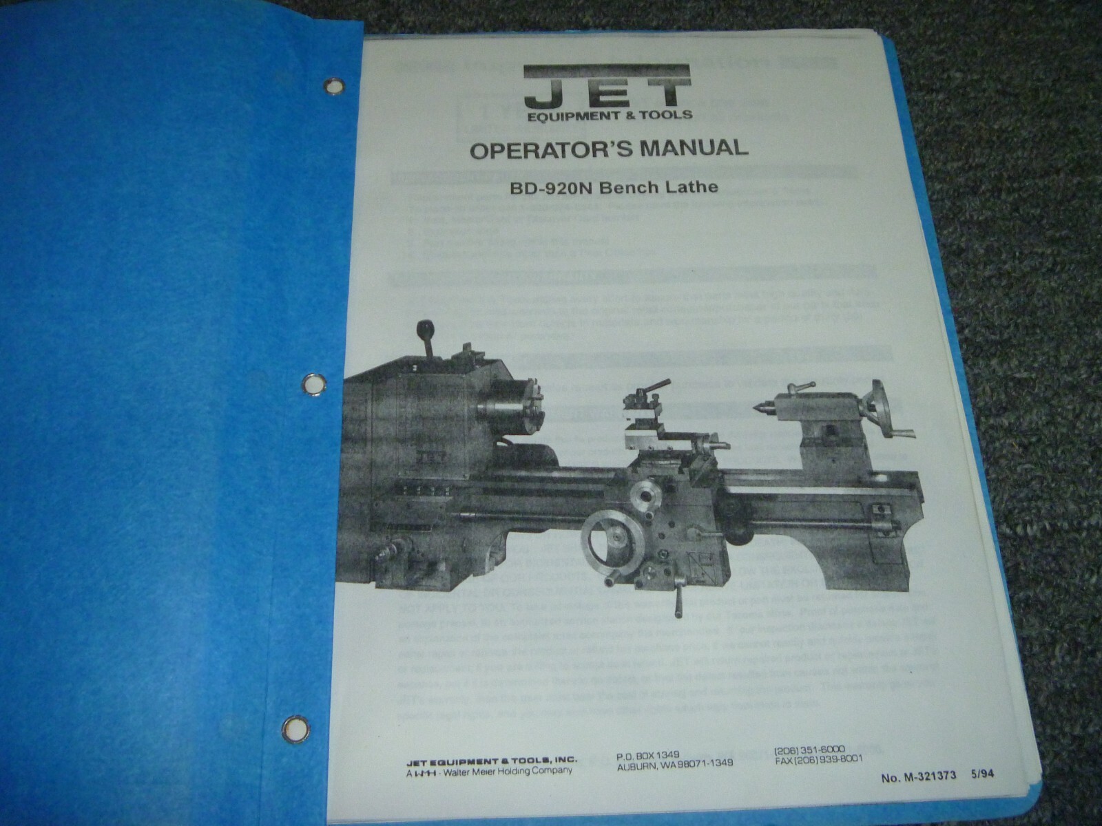 Jet BD-920N Bench Lathe Owner Operator Instruction Manual Stock # M-321373
