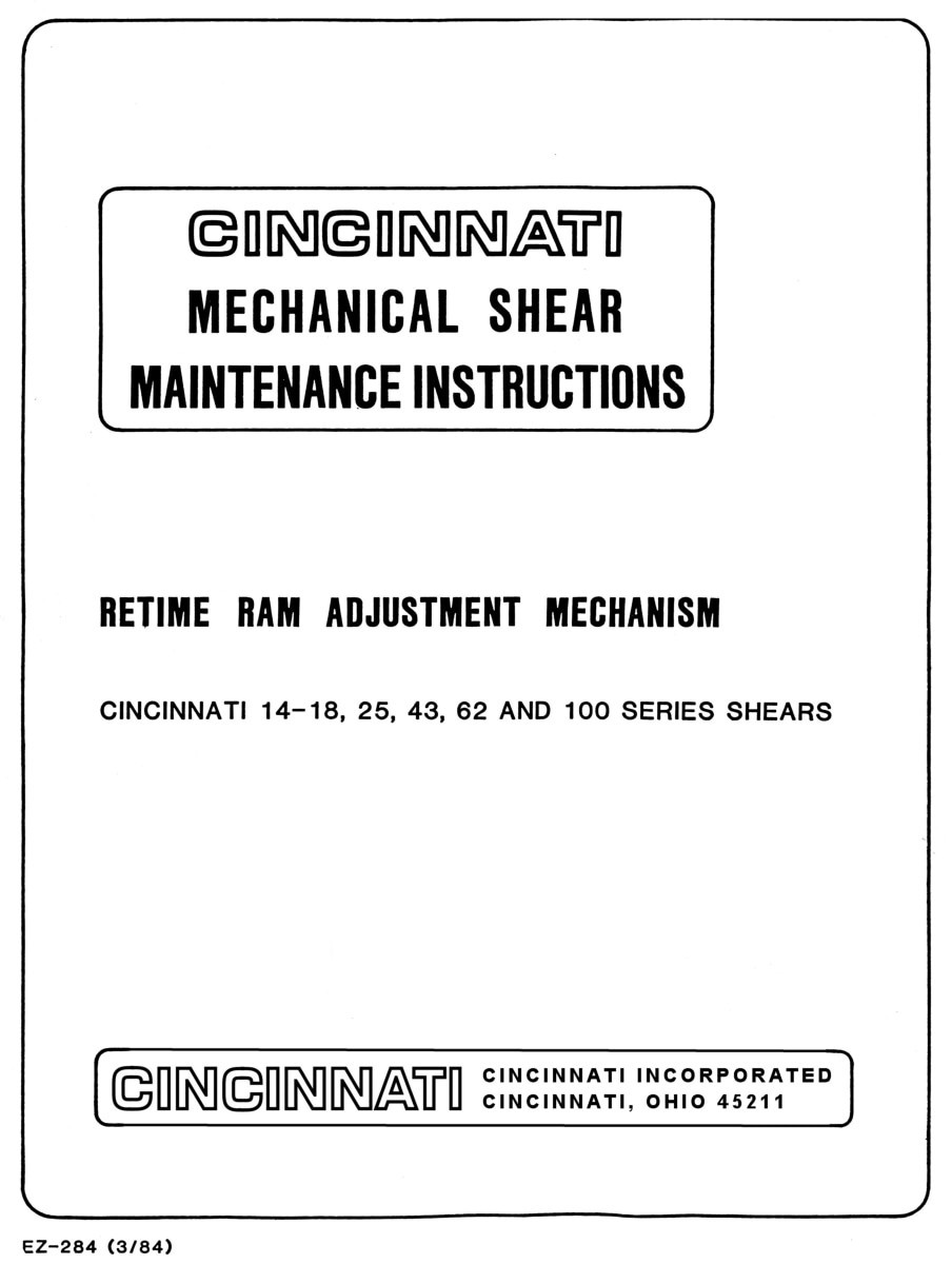 Cincinnati 14-18, 25, 62, 100 Shears Operator Maintenance Service Manual 1787