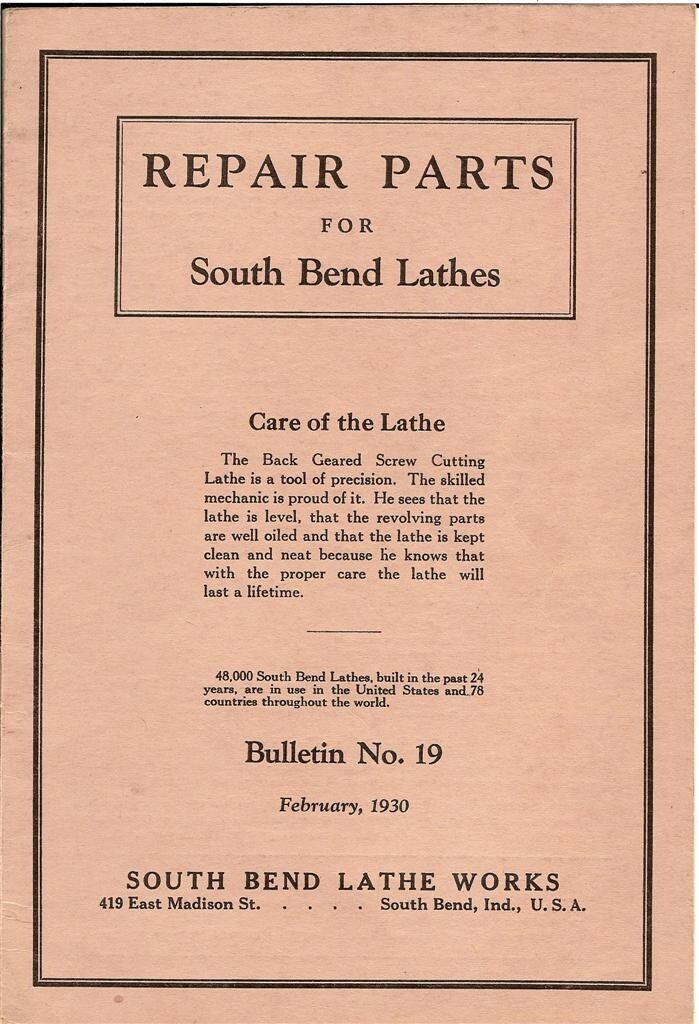 Lathe Manual Repair Parts Fits South Bend No. 19