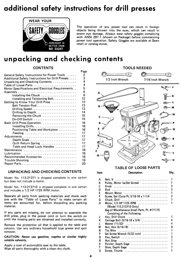 CRAFTSMAN 113.21371 & 113.213710 Drill Press 15-1/2″ Operator & Part Manual 0175