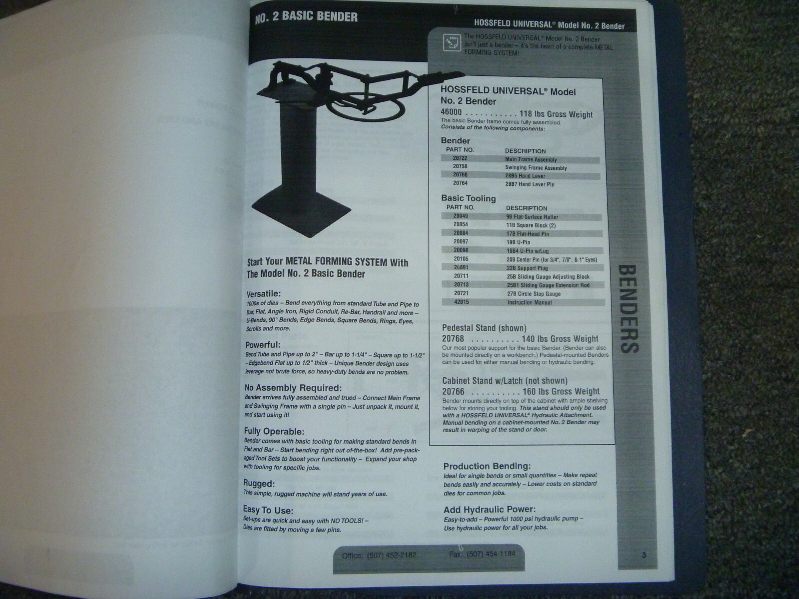 Hossfeld Universal Model No.2 Bender Parts Catalog Manual PN 100 xz