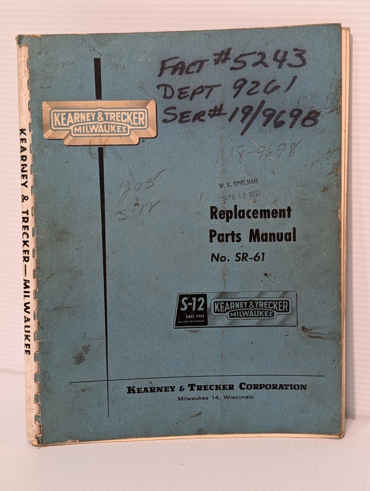 Lot of 2: Kearney&Trecker SR-61 Parts Manuals for S-12 Knee Type Milling Machine
