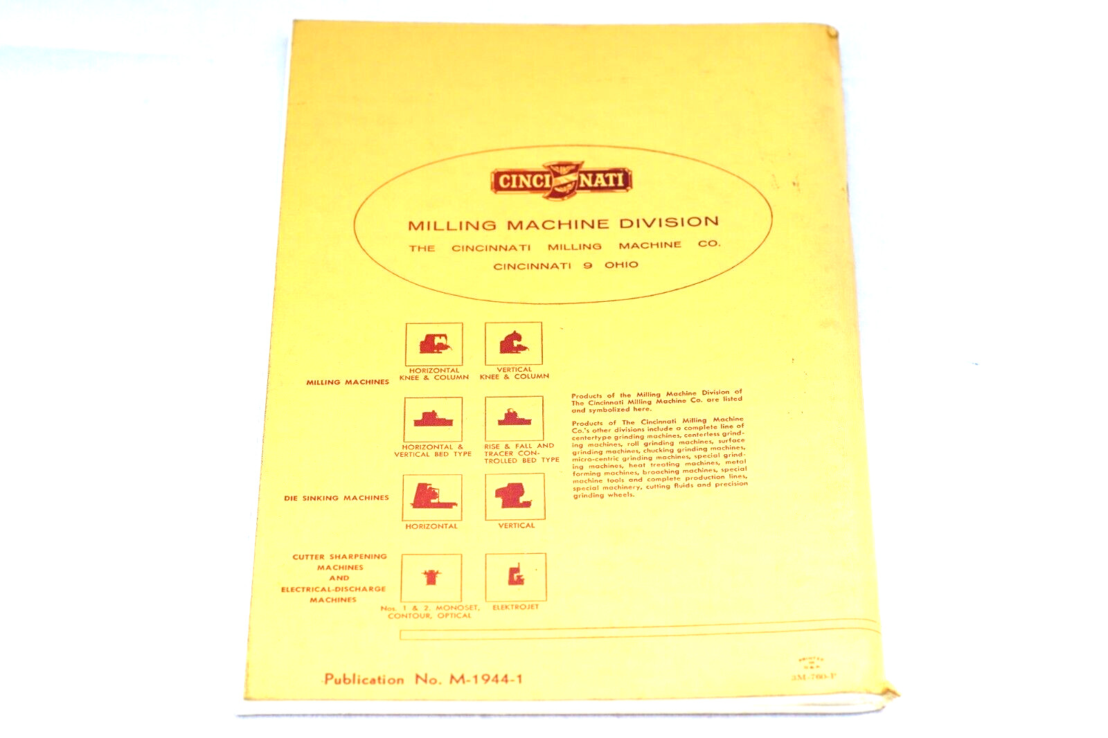 1956 Cincinnati Milling Machine Co ML & MI Milling Machine Manual M-1944-1