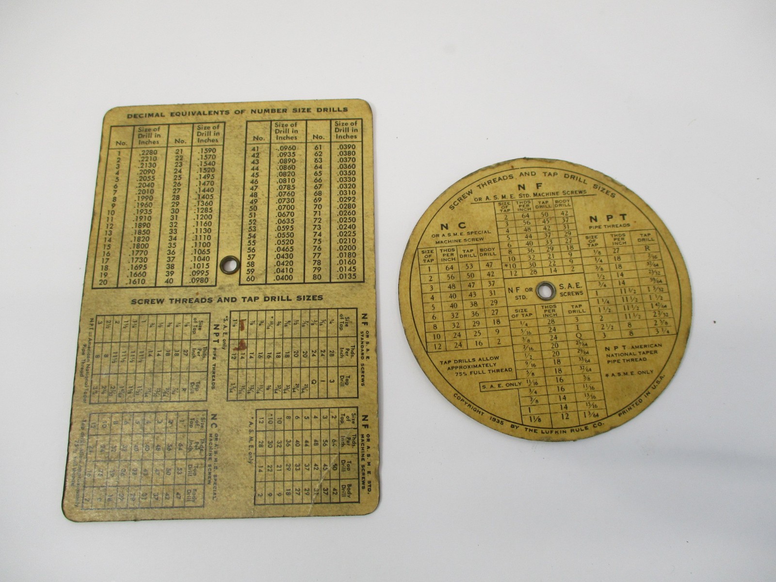 (2) Lufkin TIME SAVER Tap Thread Drill & Decimal Equivalents Calculator 1935 VGC