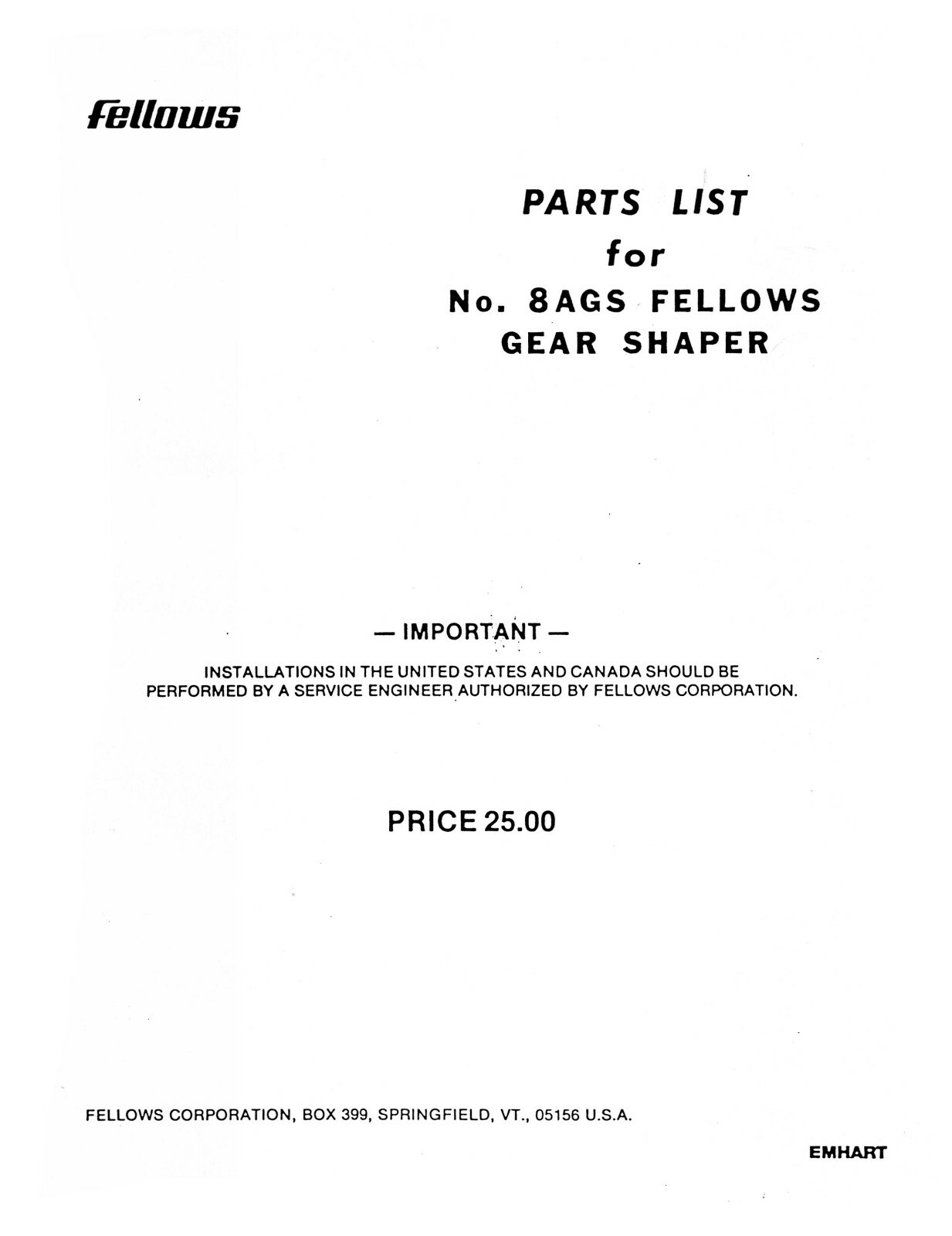 Fellows #8AGS Gear Shaper Parts List Manual #1733