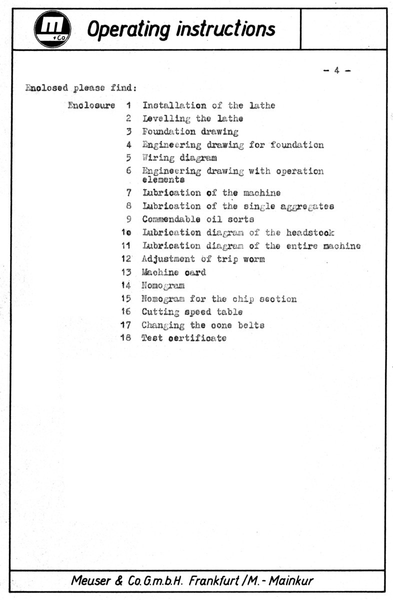 Meuser MIII 16″, 18″, 20″ Metal Lathes Operator Maintenance Wiring Manual 1692