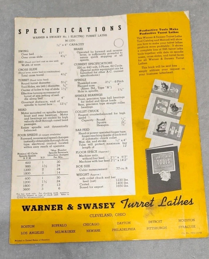 Warner & Swasey Co, OH Electric Turret Lathe Machine Brochure Vtg Advertising