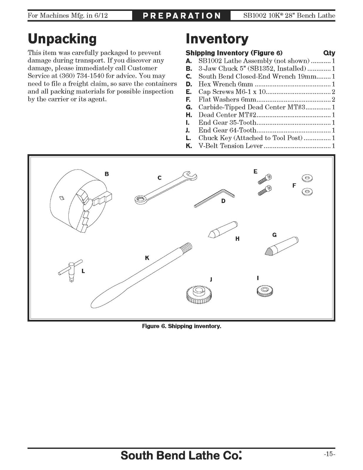 28″ Bench Lathe Owner’s Operator Manual Fits South Bend Model SB1002 10K SN 1201