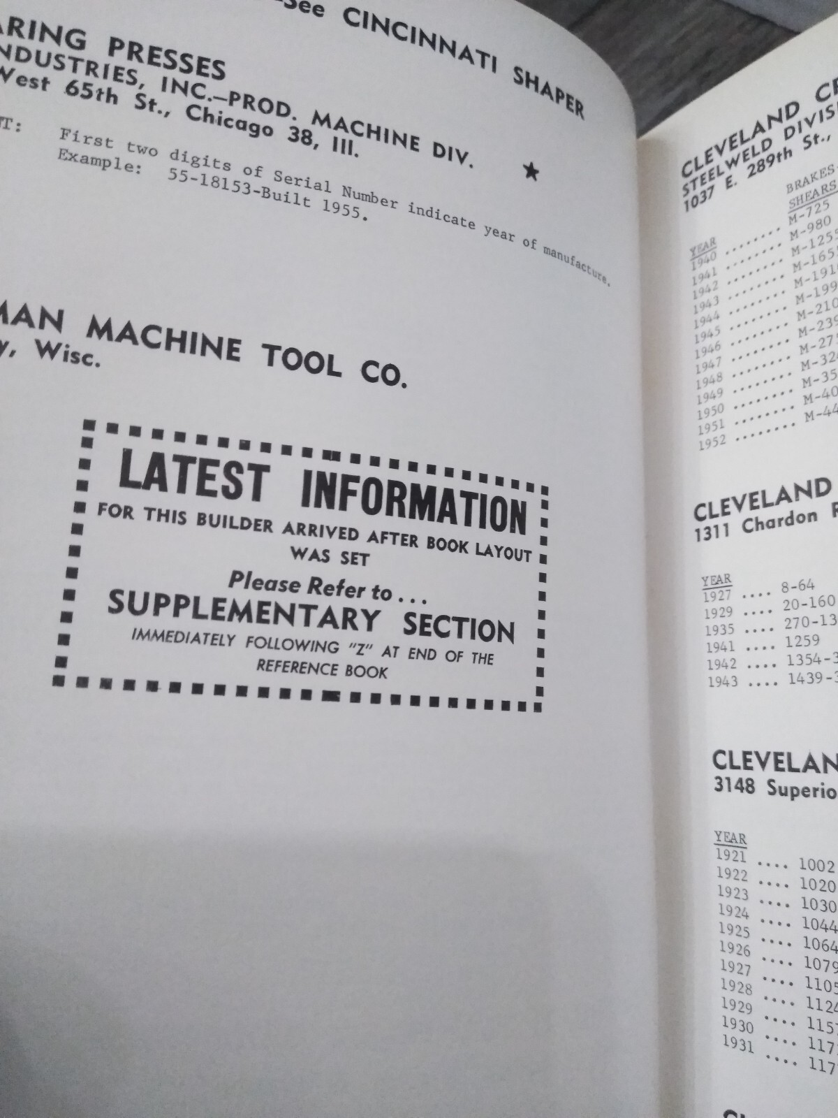 METAL-WORKING SERIAL NUMBER REFERENCE BOOK 1963, INDUSTRIAL PUBLISHING CORP.