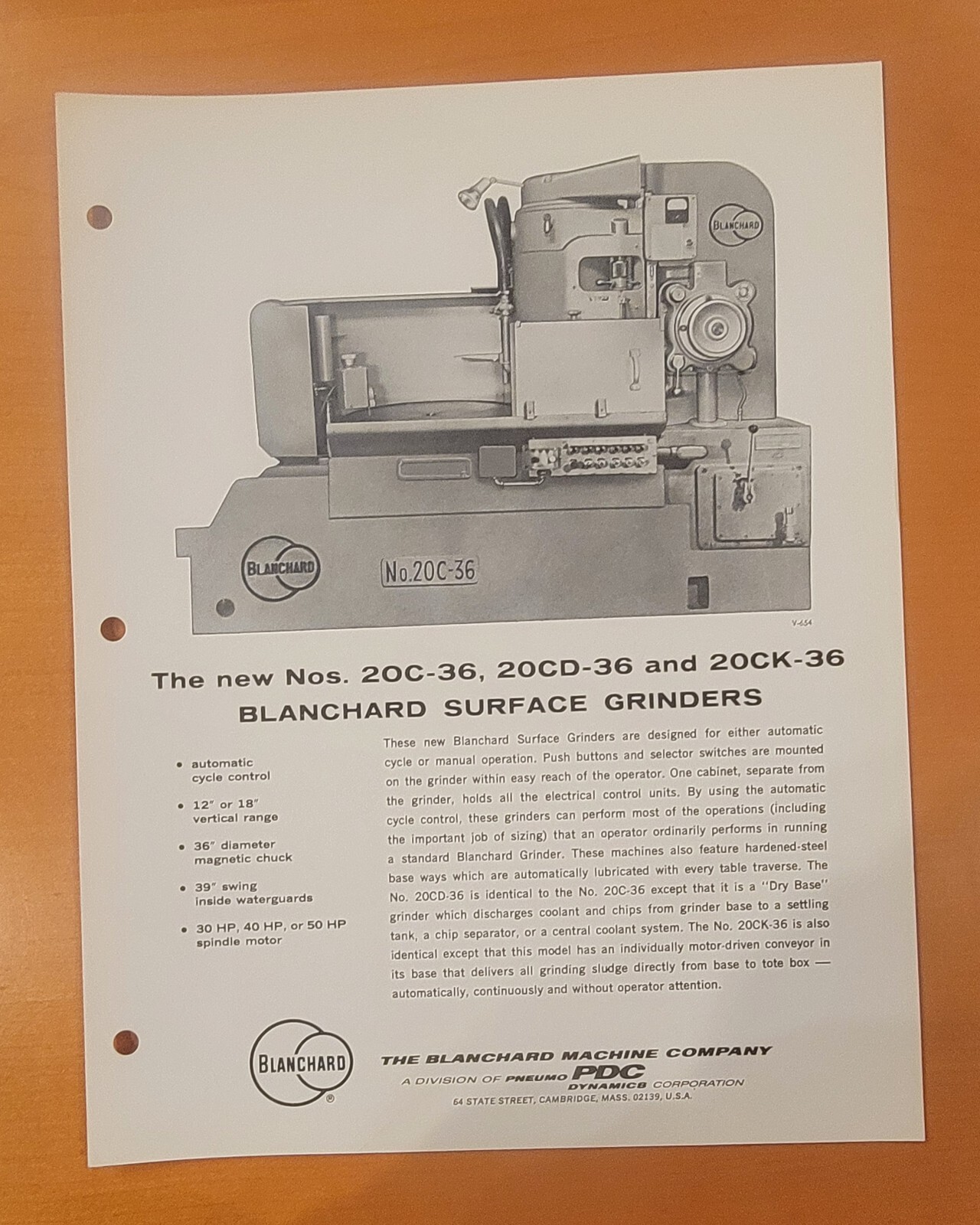 BLANCHARD Surface Grinder Nos. 20C-36, 20CD-36 & 20CK-36 Sales Brochure