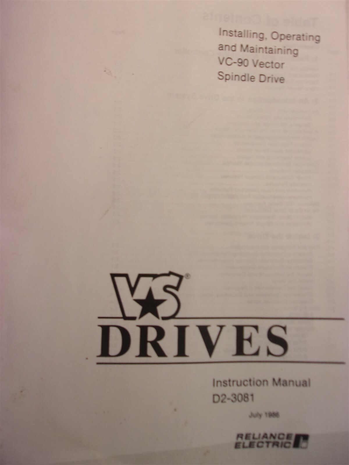 Reliance Electric D2-3081 Instruction Manual VS Vector Spindle Drive VC-90