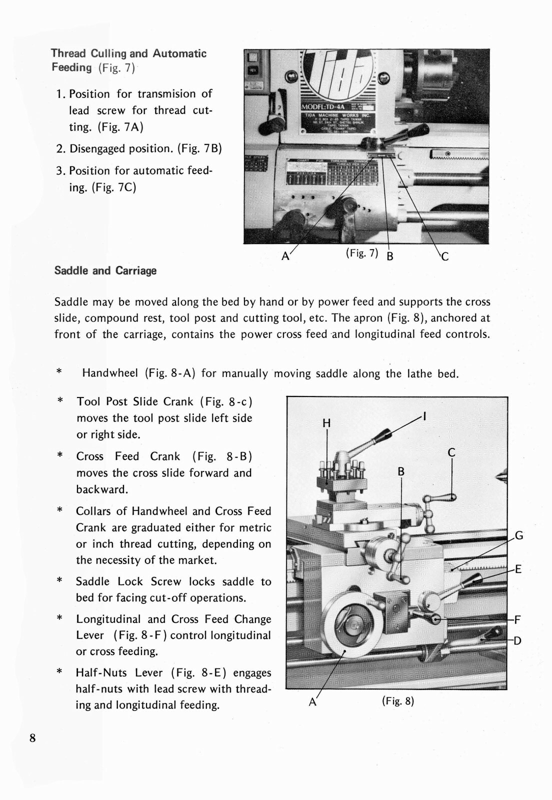 Tida Models TD4A, TD45A, TD5A Bench Lathe Operation & Parts List Manual #1548