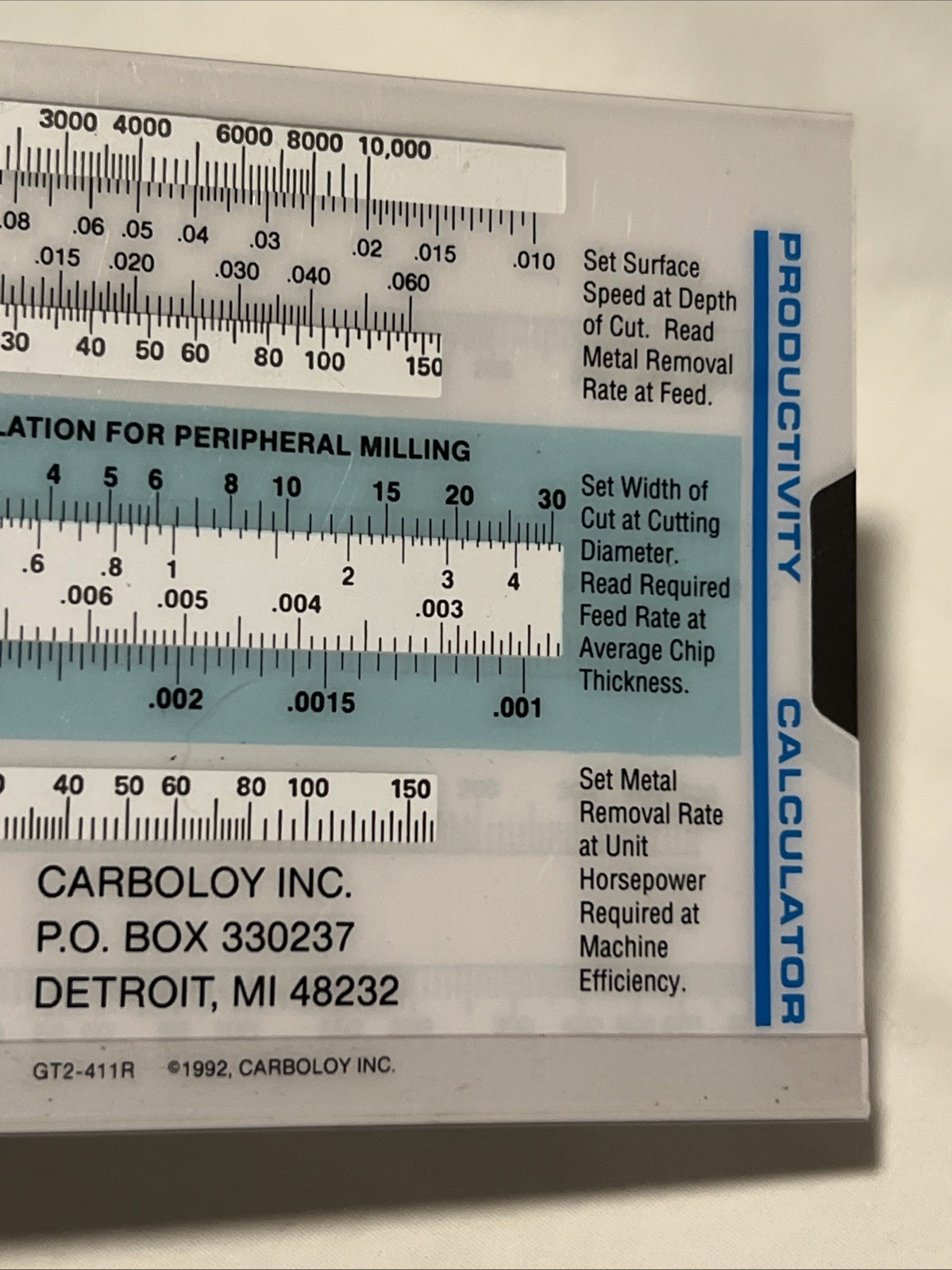 Carboloy Machinist Productivity Calculator Slide Guide GT2-411R