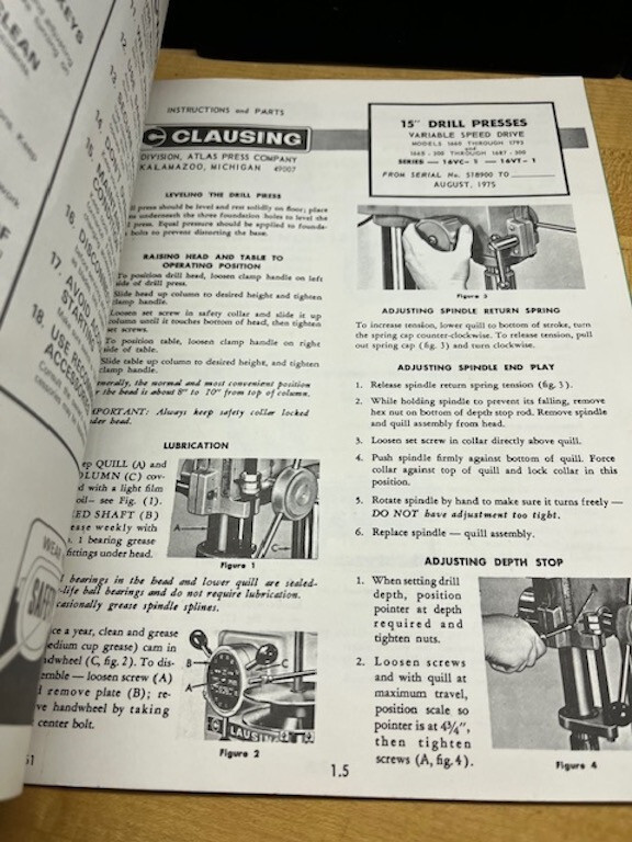 Clausing 15-Inch Drill Presses Operating Instructions and Parts List, 1975