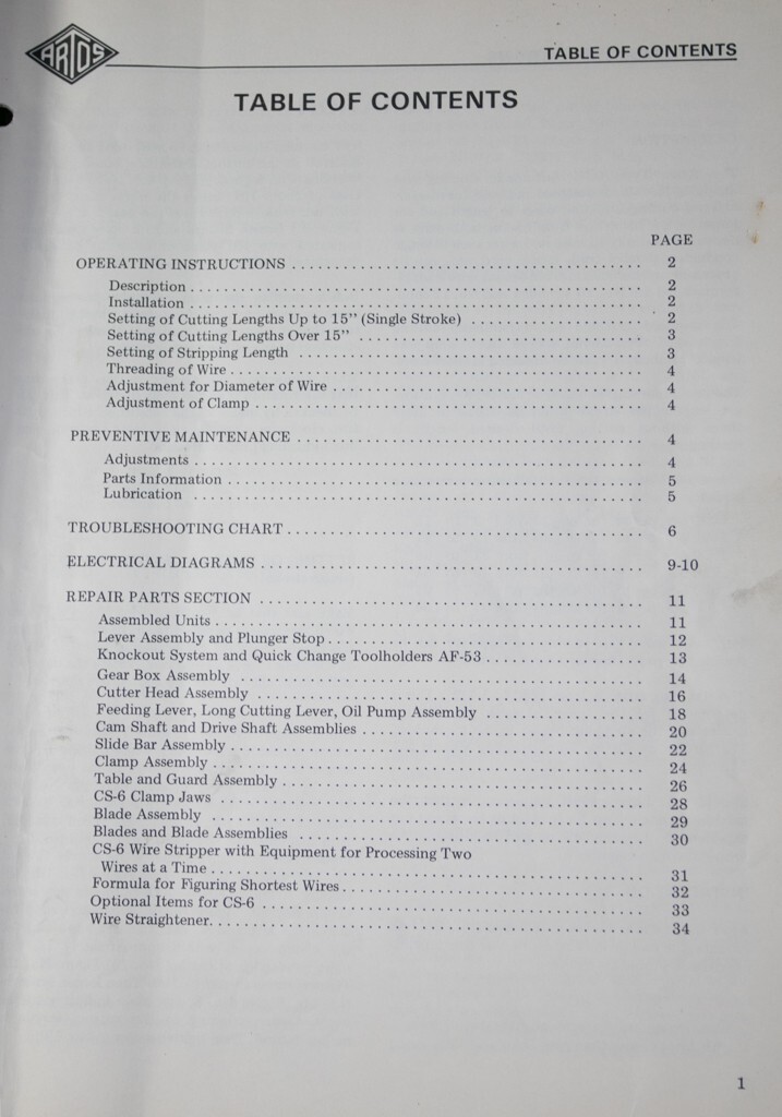 Artos CS-6, Wire Stripper owner’s and Parts Manual 36 pages
