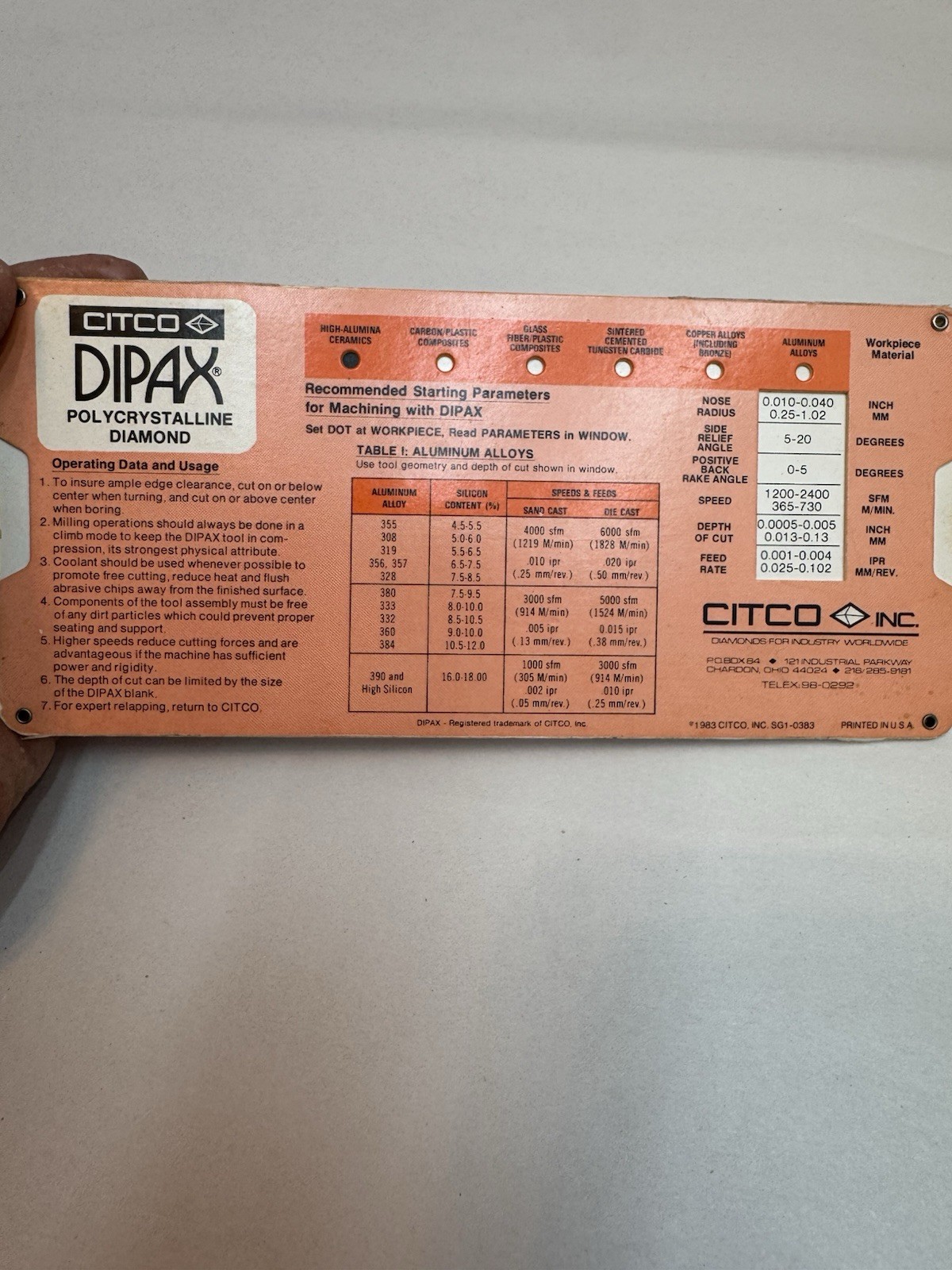 1983 citco dipax polycrystalline diamond tool machining parameter guide chart pl