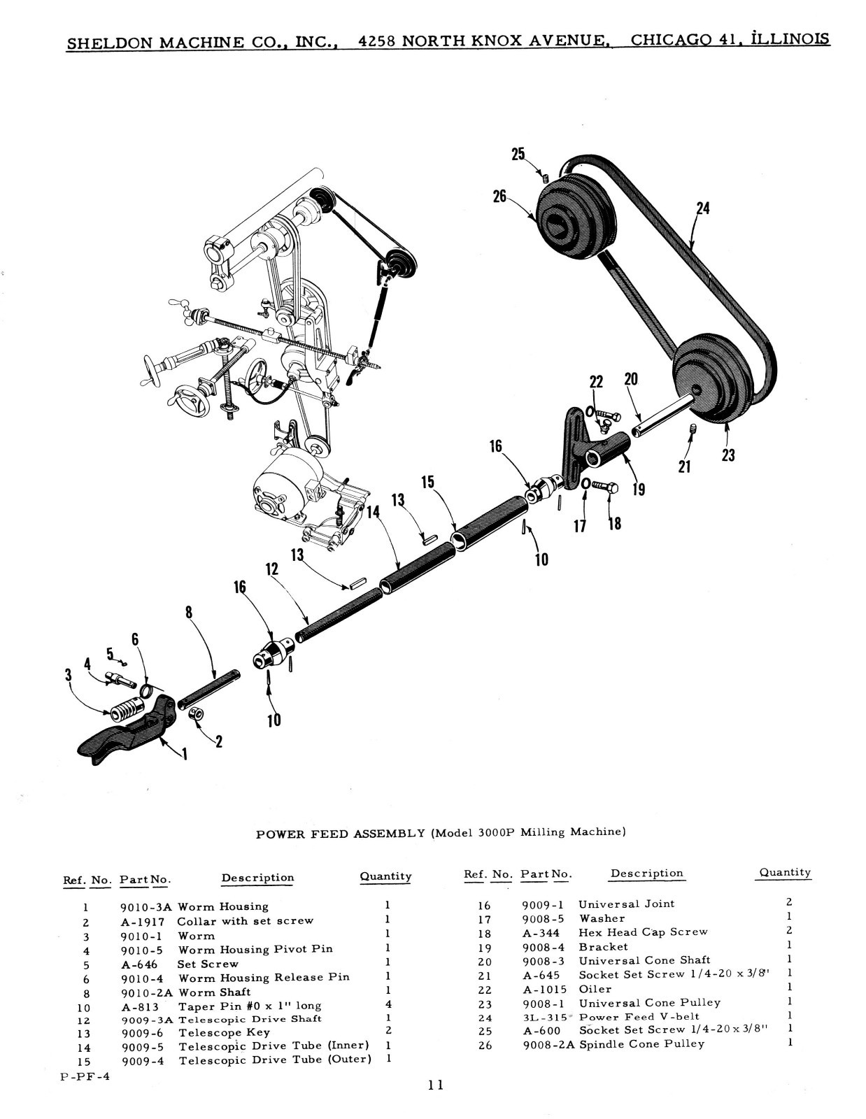 Sheldon 3000PQ & 3000P Hoizontal Milling Machine Parts List Manual *517
