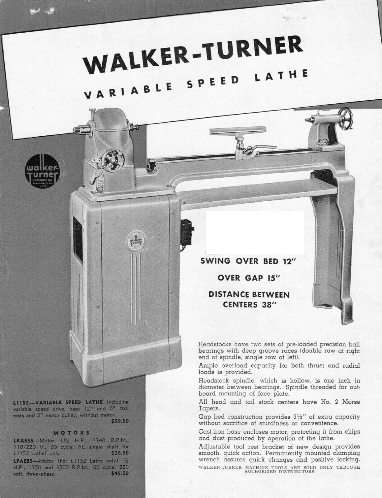 900 Lathe Instruction Manual WALKER TURNER Series 900 & 1100 L951 L-952 L1152