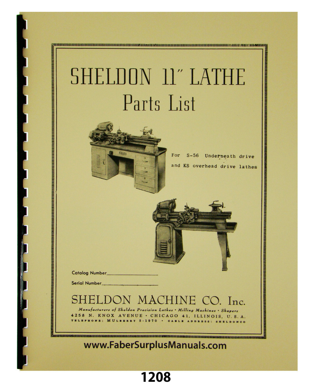 Sheldon 11″ Lathe Models S-56 & KS Replacement Parts List Manual #1208