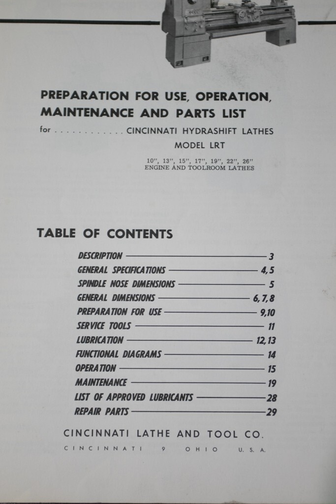 Cincinnati LRT Lathe 1965 Service & Parts Manual 10″ 13″ 15″ 17″ 19″ 22″ & 26″