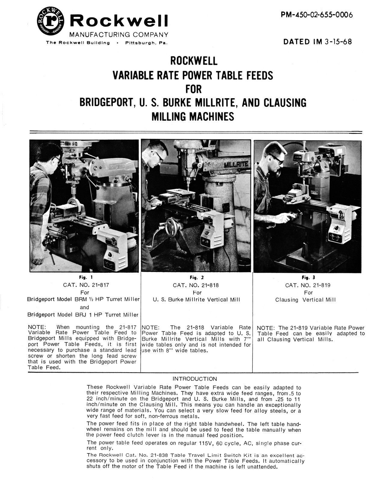 Rockwell Vertical Milling Machine 21-100 Operator and Parts Manual #1886